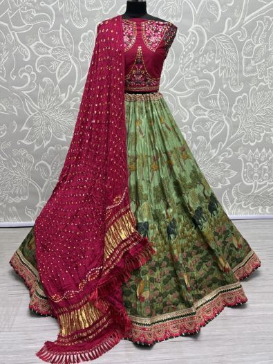 Charming Green Digital Print Silk Sangeet Wear Lehenga Choli