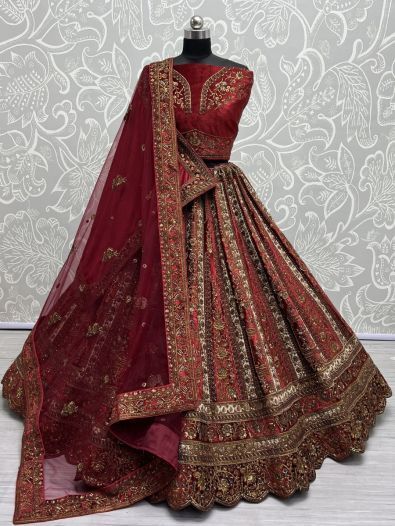 Fetching Red Embroidered Velvet Bridal Lehenga Choli With Double Dupatta