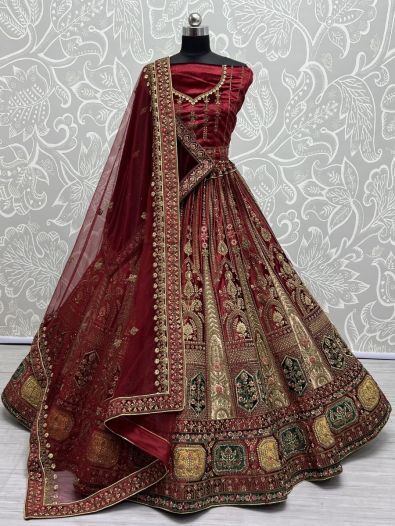 Splendid Maroon Embroidered Velvet Bridal Lehenga Choli With Double Dupatta