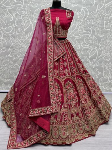 Great Pink Multi-Thread Work Silk Bridal Lehenga Choli With Double Dupatta