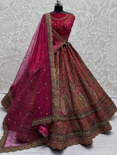 Lovely Rani Pink Embroidered Velvet Lehenga Choli With Double Dupatta