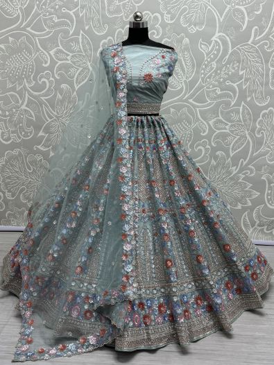 Wonderful Sky-Blue Sequins Net Bridesmaid Lehenga Choli With Dupatta