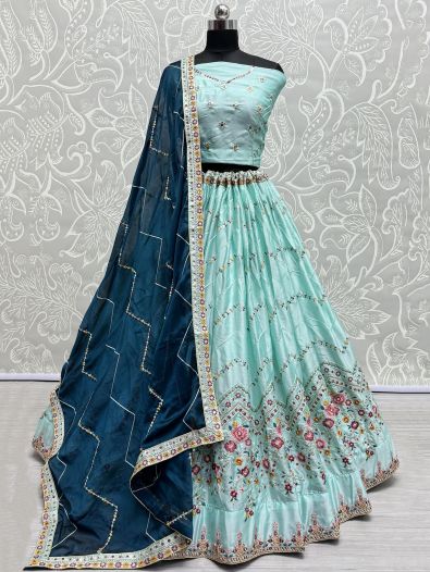 Lavish Sky-Blue Thread-Work Silk Sangeet Wear Lehenga Choli