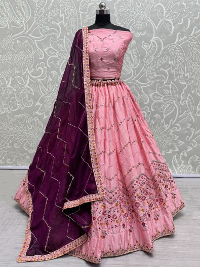 Lovely Pink Thread-Work Silk Bridesmaid Lehenga Choli With Dupatta