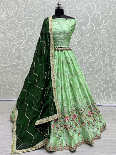 Stunning Light Green Thread-Work Silk Mehendi Wear Lehenga Choli