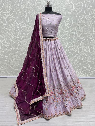 Enchanting Lavender Thread-Work Silk Sangeet Wear Lehenga Choli