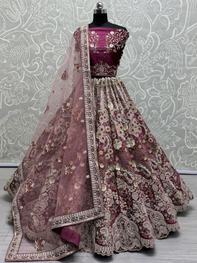 Awesome Pink Sequins Velvet Bridal Lehenga Choli With Dupatta