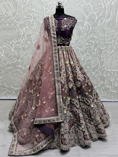 Dazzling Purple Dori Work Velvet Bridal Lehenga Choli With Dupatta