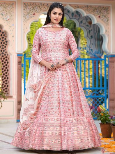 Charming Light Pink Digital Printed Silk Gown With Dupatta