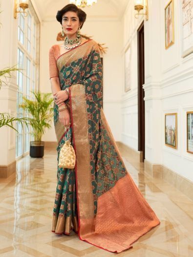 Outstanding Teal Green Woven Silk Wedding Wear Saree