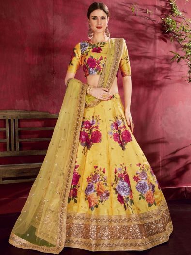 Yellow Floral Print Banglori Silk Haldi Wear Lehenga Choli