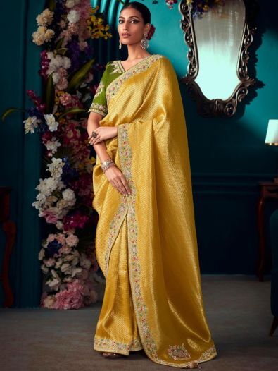 Attractive Yellow Embroidered Kanjivaram Silk Festive Wear Saree