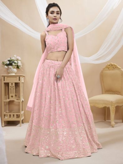 Spectacular Pink Sequins Georgette Wedding Wear Lehenga Choli