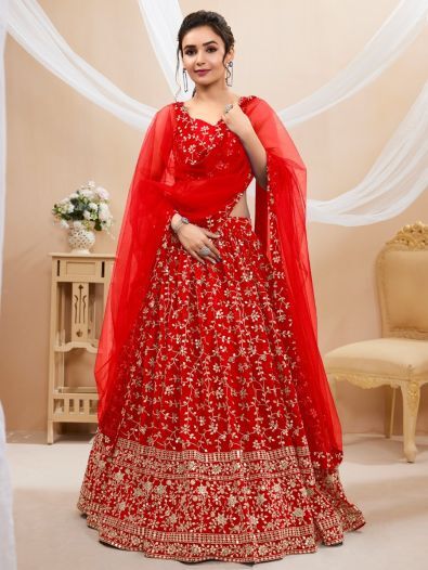 Glamorous Red Embroidered Georgette Reception Wear Lehenga Choli