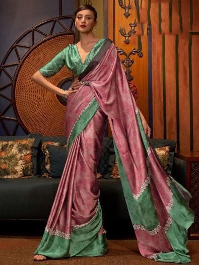 Fetching Pink Printed Satin Festival Wear Saree With Blouse