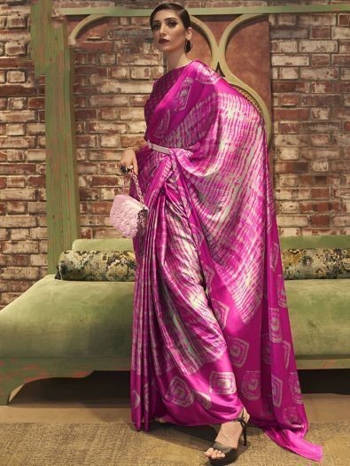Stunning Pink Printed Satin Festival Wear Saree With Blouse