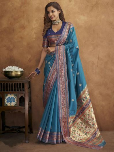 Captivating Blue Woven Silk Reception Wear Saree With Blouse