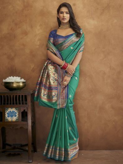 Fascinating Teal Green Woven Silk Wedding Wear Saree With Blouse