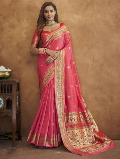 Bewitching Pink Woven Silk Festival Wear Saree With Blouse