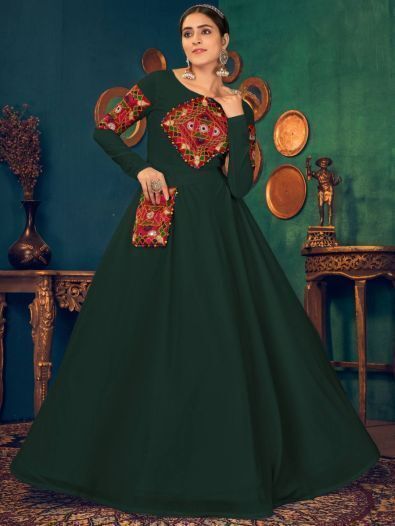 Tremendous Green Mirror And Pearl Work Georgette Festive Wear Gown
