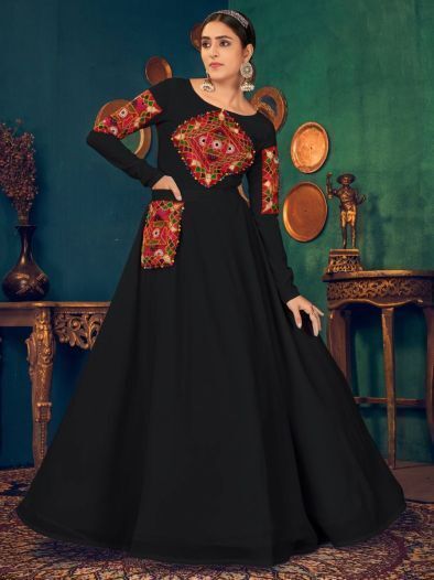Desirable Black Pearl And Mirror Georgette Festive Gown