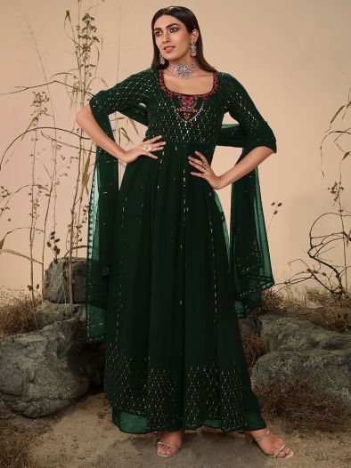 Beautiful Green Sequins Georgette Ready-Made Palazzo Suit