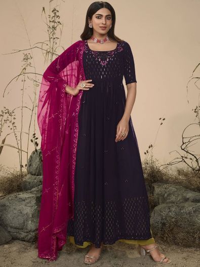 Ideal Purple Sequins Georgette Ready-Made Palazzo Suit