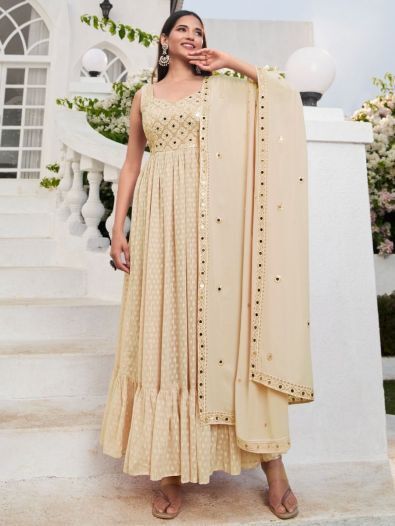Glamorous Beige Sequins Georgette Salwar Kameez With Dupatta