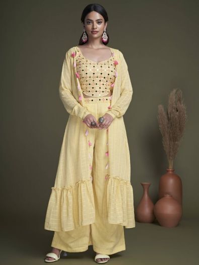 Majestic Yellow Mirror Work Georgette Ready-Made Crop Top Palazzo