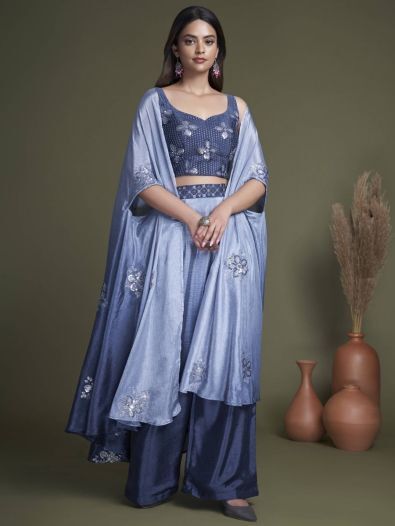 Stunning Blue Chinon Ready-Made Crop Top Palazzo With Shrug