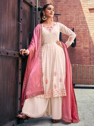 Amazing Beige Embroidered Georgette Readymade Palazzo Suit