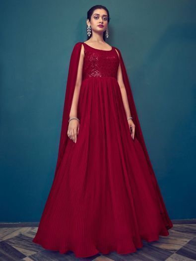 Fascinating Red Sequins Georgette Readymade Engagement Wear Gown
