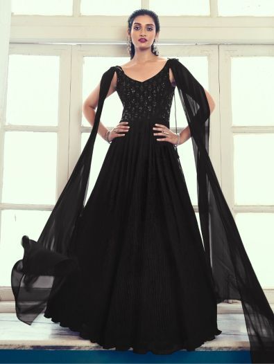 Glamorous Black Sequins Georgette Readymade Party Wear Gown