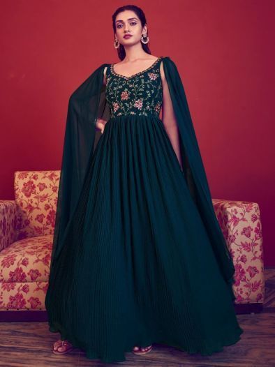 Alluring Teal Blue Thread Embroidery Georgette Event Wear Gown