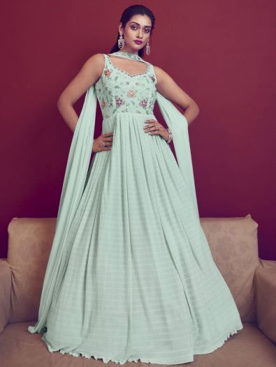 Beautiful Sky Blue Embroidery Georgette Ready-Made Gown