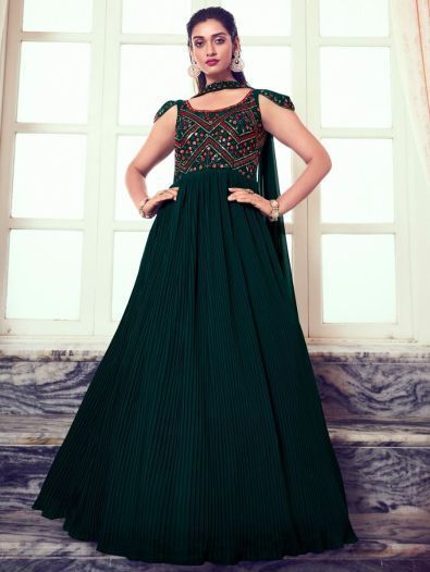 Attractive Green Thread Work Georgette Ready-Made Gown