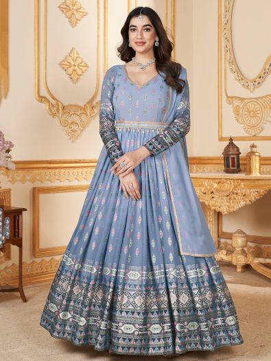 Captivating Livid Blue Foil Work Georgette Gown With Dupatta