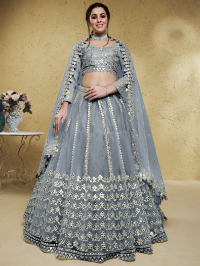 Excellent Grey Foil Work Net Wedding Wear Lehenga Choli With Dupatta