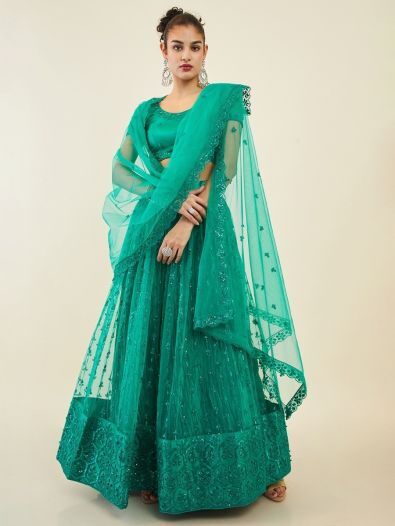 Majestic Teal Green Sequin Net Mehandi Wear Lehenga Choli With Dupatta