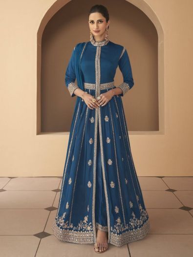 Exquisite Blue Zari Embroidery Georgette Festival Anarkali Suit