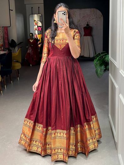 Attractive Maroon Zari Woven Cotton Readymade Wedding Wear Gown