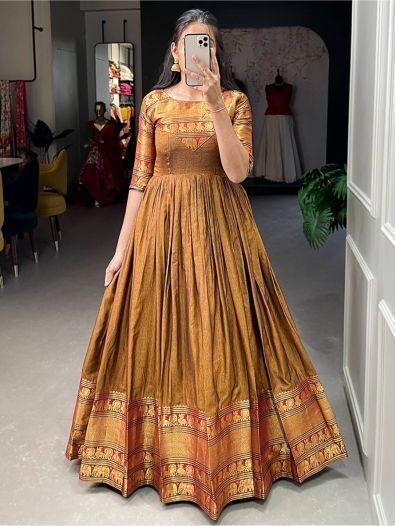 Beautiful Mustard Zari Woven Cotton Readymade Festival Wear Gown