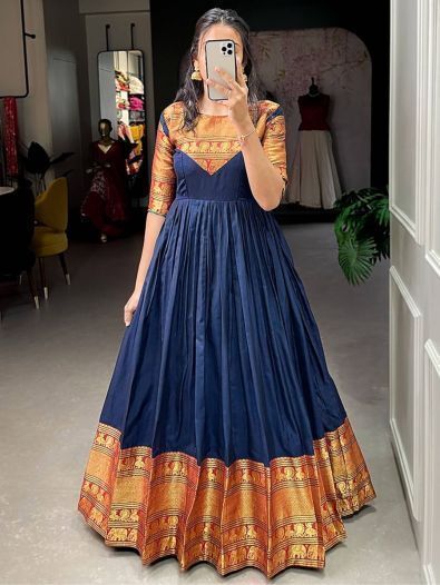 Alluring Navy Blue Zari Woven Cotton Readymade Wedding Wear Gown