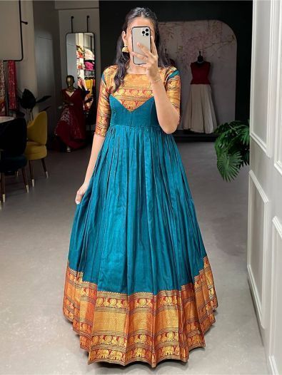 Fascinating Teal Blue Zari Woven Cotton Readymade Traditional Gown
