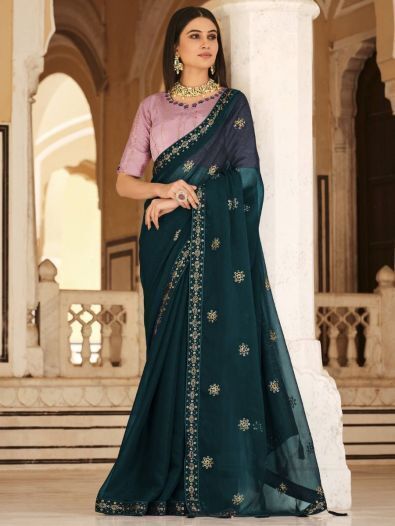 Stunning Teal Blue Sequins Work Chinon Party Wear Saree With Blouse