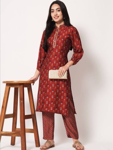 Marvelous Red Digital Printed Silk Ready-Made Kurti With Pant