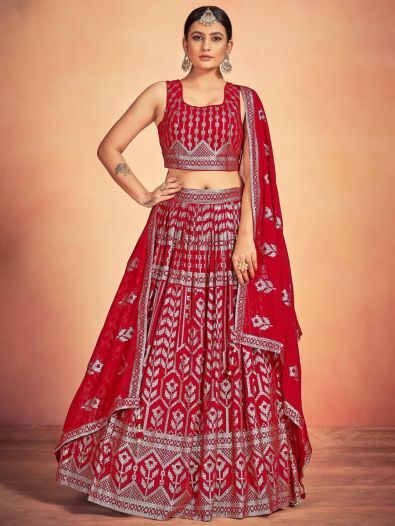 Beautiful Red Sequins Georgette Wedding Wear Lehenga Choli With Dupatta