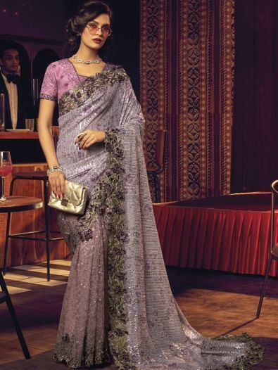 Lovely Purple Sequins Work Net Party Wear Saree