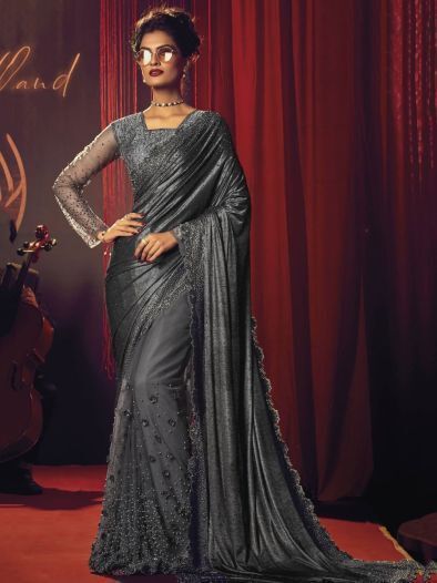 Captivating Grey Crystal Work Net Party Wear Saree With Blouse
