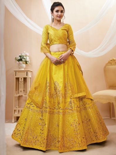 Gorgeous Yellow Sequins Silk Haldi Wear Lehenga Choli With Dupatta
